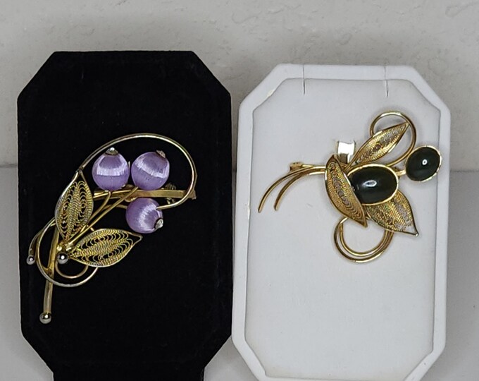 Vintage Set of Two Gold Tone Cannetille Floral Brooches - Purple Satin Thread, Nephrite Jade C-7-85