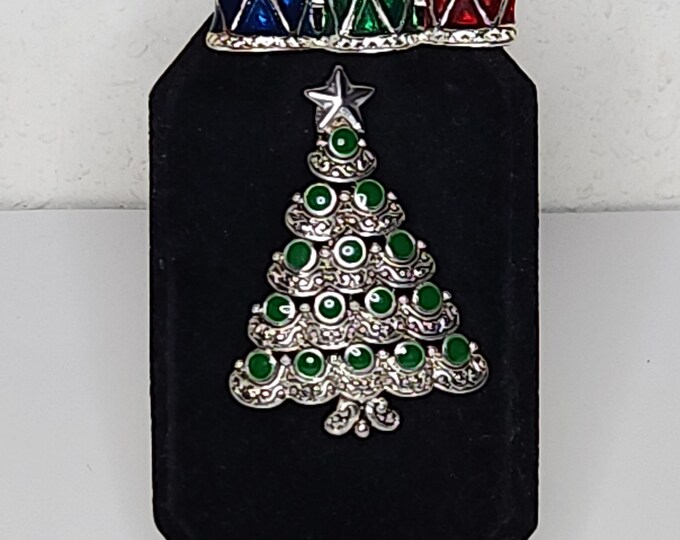 Vintage Set of Two Silver Tone and Enamel Christmas Brooches - Drums, Christmas Tree C-7-86