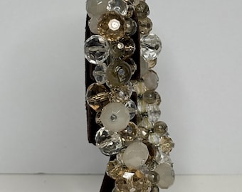 Glass Cha-Cha Stretch Bracelet Silver Foil, Champagne, Opaline, and Clear Glass Beads Size 7 1/2” D-8-47