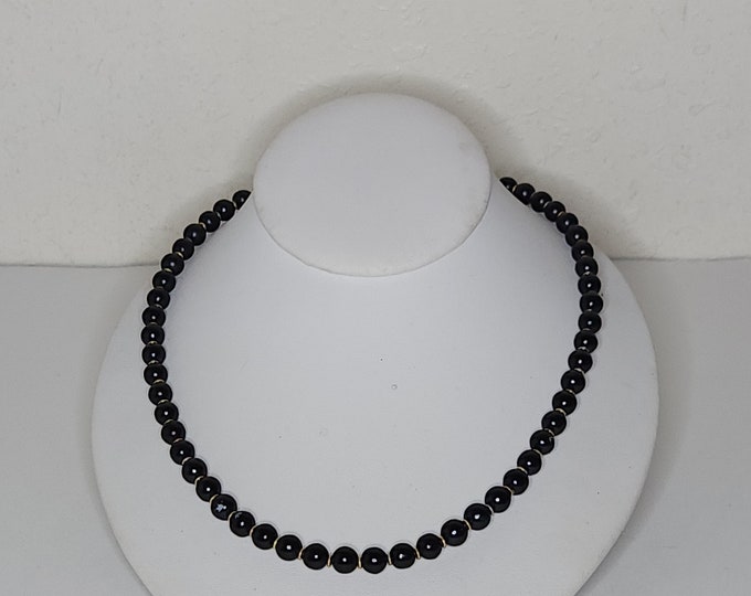Vintage Black Plastic Beaded Necklace with Gold Tone Spacer Beads C-9-9
