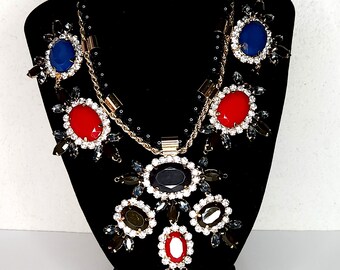 Vintage Black, Blue, Red and Clear Rhinestone Statement Necklace with Gold Tone Rope Chain and Black Beads D-3-72