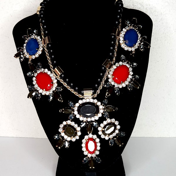 Vintage Black, Blue, Red and Clear Rhinestone Statement Necklace with Gold Tone Rope Chain and Black Beads D-3-72