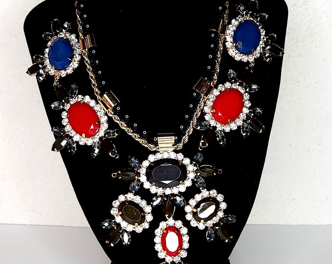 Vintage Black, Blue, Red and Clear Rhinestone Statement Necklace with Gold Tone Rope Chain and Black Beads D-3-72