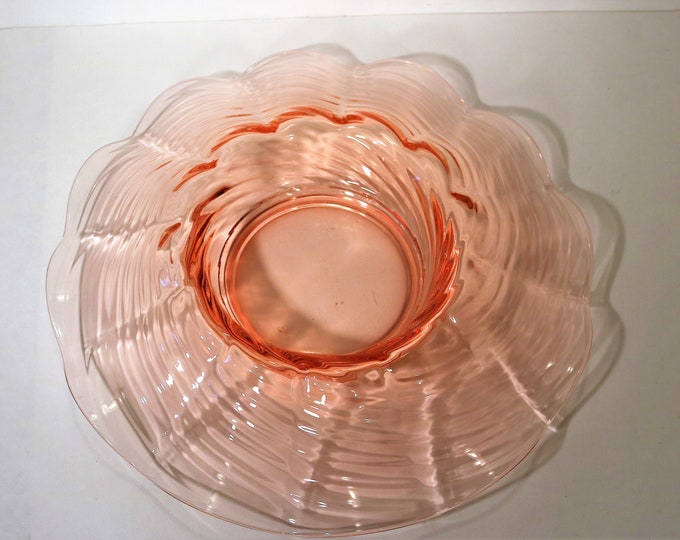 1930's Elegant Pink Depression Console Bowl with Rolled Ruffle Edges and Optic Wave - Gorgeous!