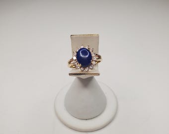 Costume Blue Glass Faux Lapis and CZ Crystal Gold-Tone Ring Size 8.25 D-6-39