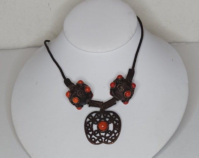 Vintage Brown Metal Beads and Filigree Pendant with Orange Red Round Accents Necklace B-3-83