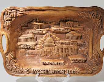 Vintage Large Silberne Washington DC Carved Wood-look Tray w/Handles 12 3/4"