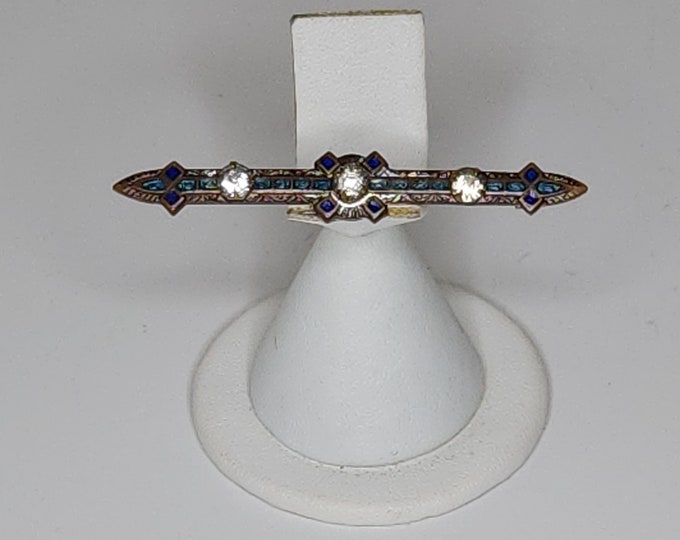 Antique Blue Enameled Bar Brooch Pin with Clear Rhinestones C-2-96