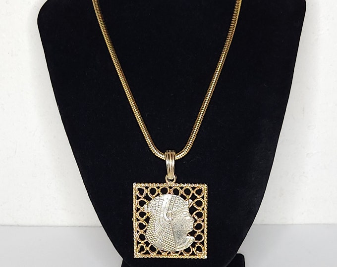 Vintage Gold Tone Egyptian Queen Cleopatra Etched Image on Open Work Square Pendant with Snake Chain Necklace D-1-7
