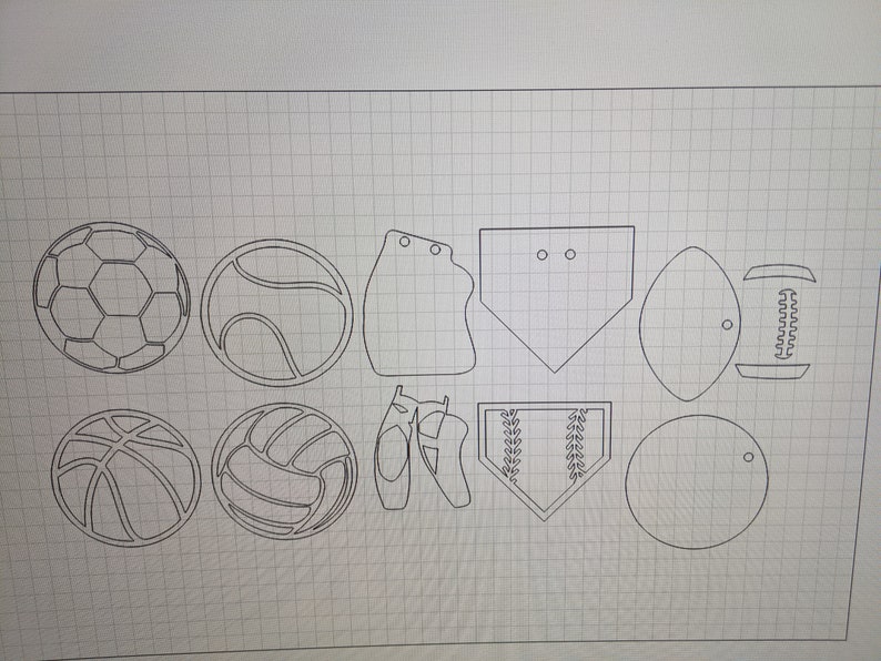 May include: A set of nine black and white outlines of sports equipment, including a soccer ball, baseball, basketball, volleyball, football, baseball glove, baseball home plate, and two baseball bats.