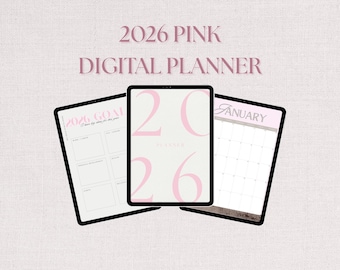 Planificador digital 2026, color rosa, editable, con hipervínculos, mensual, semanal, imprimible, para iPad, con objetivos, organizador minimalista de productividad.