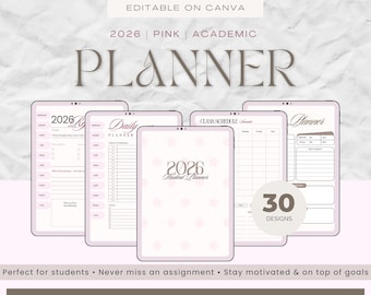Plantilla de Canva para planificador estudiantil con estética rosa / Organizador académico, seguimiento de tareas de estudio, creador de hábitos, lindo kit de productividad escolar