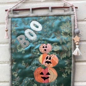 Boo Pumpkin Stack hand sewn patchwork and appliqué embroidery wall hanging art Autumn decor  Halloween Teal Brocade gold orange