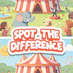 May include: A children's activity book cover with a circus theme. The cover features a red and white striped circus tent, an elephant, a poodle, and the text "SPOT THE DIFFERENCE". A ticket graphic indicates 100 pages.
