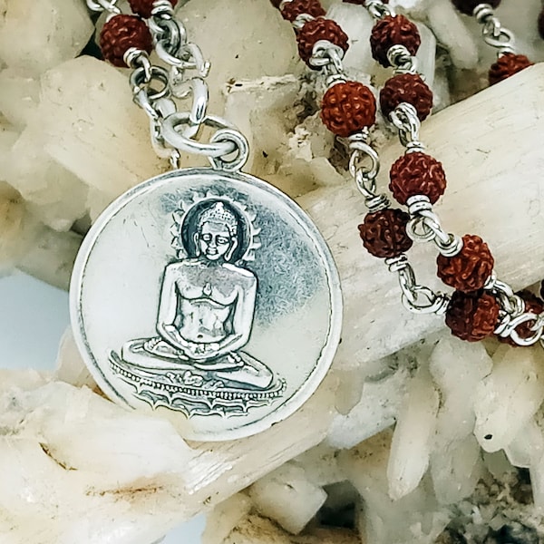 Buddha Anhänger Reines Silber Meditation Mala, Handgemachte Silberkette aus Rudraksha KLEINEN Perlen, Gebetsperlen Meditation Halskette