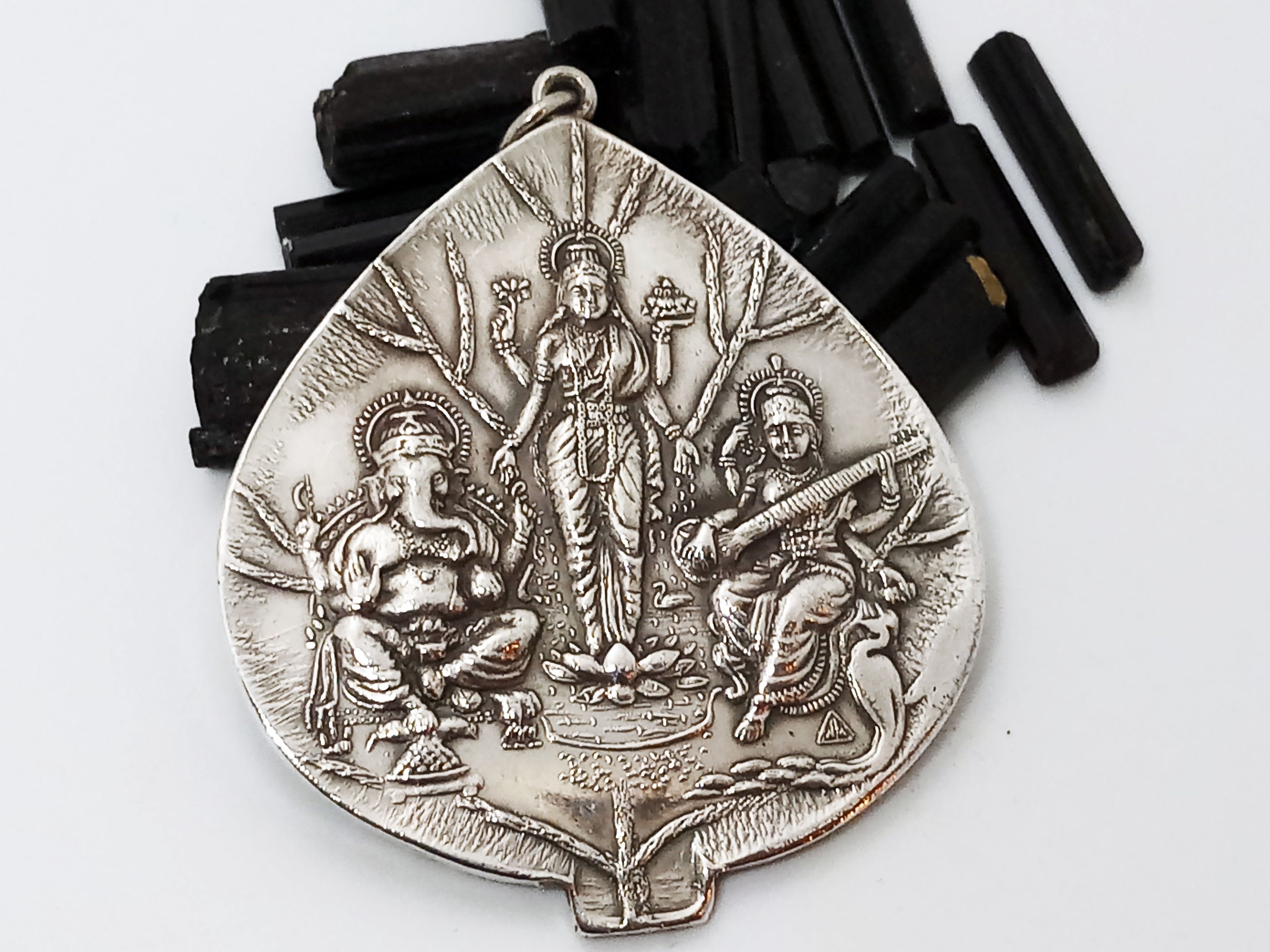 Lakshmi Ganesh Saraswati Pure Silver Pendant LARGE 999 Silver Etsy UK