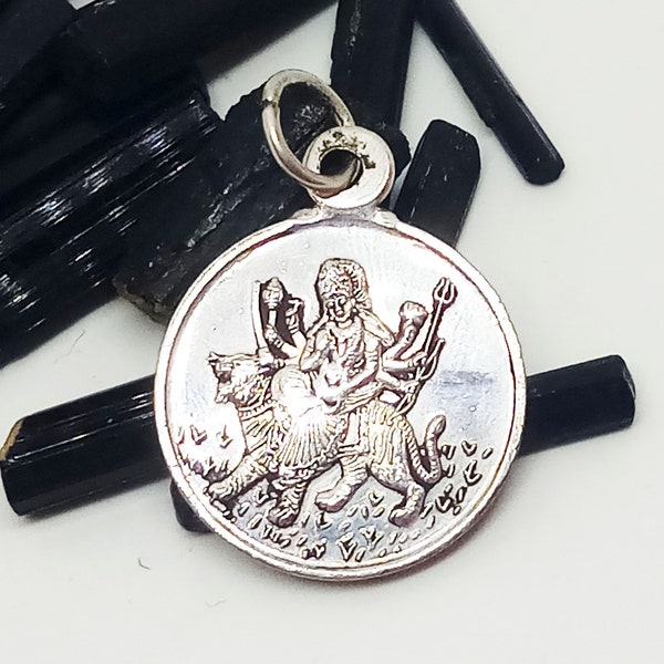 Indian Goddess Durga Silver Pendant, Tiger Silver Jewelry, Goddess Small Silver Charm, Meditation Protection Jewelry