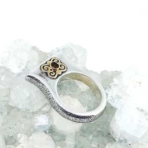 Rustic Silver Gold Ring w Orange Tourmaline, Bohemian Geometric Recycled Ring, Solid Handmade Silver Ring Orange Gem Stone