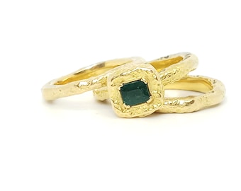 Stackable Eco Gold Ring w Diamond Alternative Ethical Emerald, Recycled Ethical Textured Raw Gold Rings, Alternative Engagement Ring