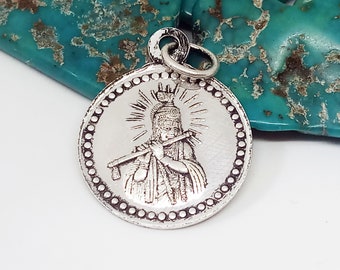 Krishna Indian Coin Pendant, Hindu God of Love Jewelry, Krishna Talisman of Good Luck and Protection, Lord Krishna Silver Necklace