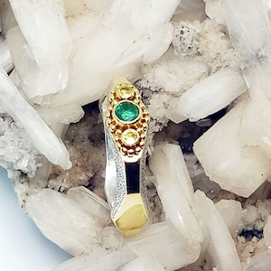 Eco Gold Silver Ring with Emerald and Yellow Sapphire, Diamond Alternative Geometric Textured Silver and Gold Band, Recycled Ethical Jewelry