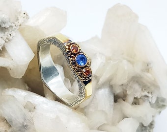 Reclycled Ethical Silver and Gold Ring with Blue Sapphire and Orange Garnet, Unique Eco Gold Silver Rustic Band, Beautiful Promise Ring