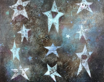 Blue stars, small contemporary art, original acrylic on wood, whimsical, holiday art, Christmas decor