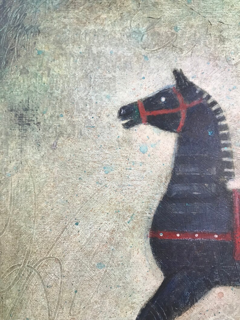 folk art Rocking Horse MimziArt green whimsical square original acrylic painting antique toy 8x8