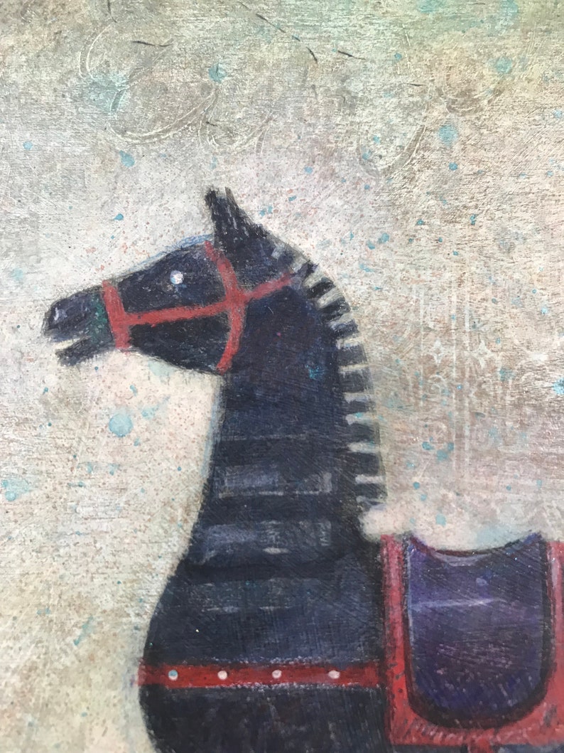 folk art Rocking Horse MimziArt green whimsical square original acrylic painting antique toy 8x8