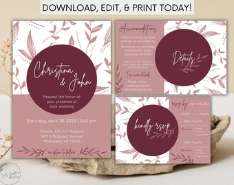 Pink Floral Wedding Invitation Suite | Pink Floral Wedding Invitation | Editable Template | Printable | INSTANT DOWNLOAD | PFL-101