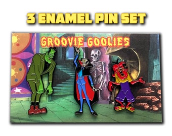 Groovie Goolies Enamel 3 Pin Set Frakie Drac Wolfie Filmation 70's Monsters