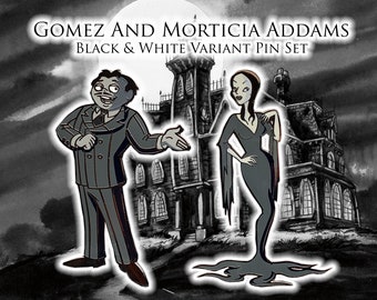 Gomez Morticia Addams Family Black & White Variant Set of 2 Enamel Pins