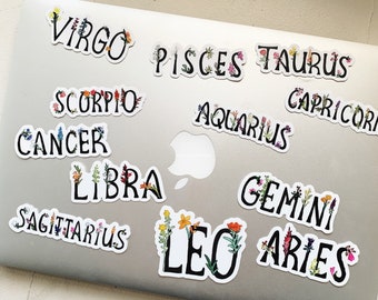 Zodiac Floral Lettering Stickers | Astrology Stickers | Flower Sticker | Waterproof Stickers | Vinyl Stickers | Laptop Stickers