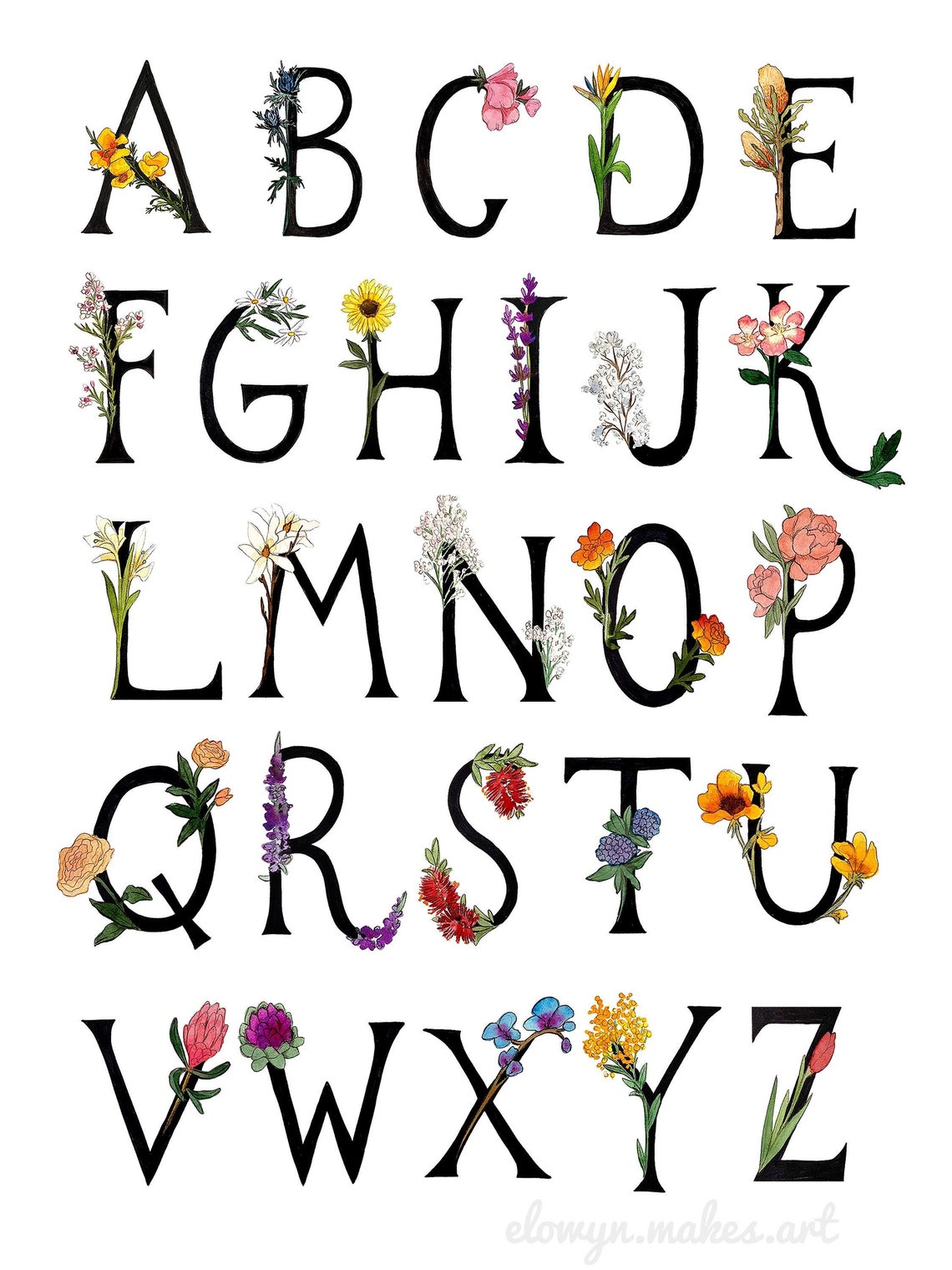 Botanical Letter Alphabet Print Flower Art ABC Print | Etsy