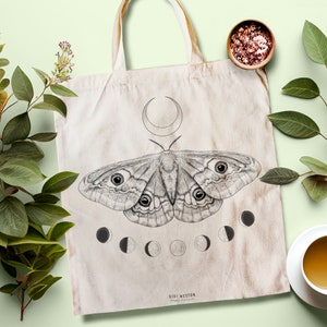Moth and Moon Phases Illustrated Tote Bag | Customisable Witchy Canvas Bag | Eco Friendly Bag | Moth Illustration | Zero Waste Shopper Bag