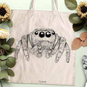 Jumping Spider Illustrated Tote Bag | Customisable Cute Spider Bag | Eco Friendly  Zero Waste Shopper | Arachnid Illustration | Gothic Tote