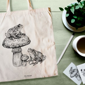 Frog and Mushroom Tote Bag | Customisable Cottagecore Canvas Bag | Eco Friendly Reusable Gifts |