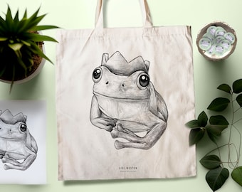 Custom Party Hat Frog Tote Bag | Illustrated Cotton Shopping Bag