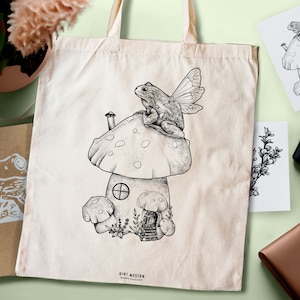 Fairy Frog Tote Bag | Customisable Mushroom Canvas Bag | Eco Friendly Gift | Amphibian Illustration | Zero Waste Shopper Bag | Cottagecore