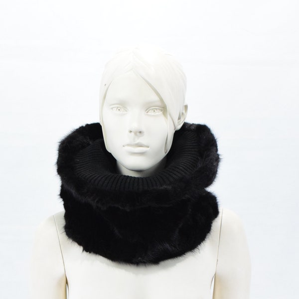 Fur Mink cowl neck warmer, fur with fabric doublufast collar, black colour, unisex Mens Womens.