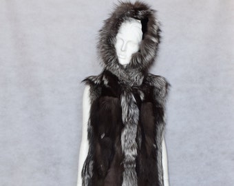 Fur Silver Fox vest with hood fluffy and soft natural fur, Luxury and warm garment.