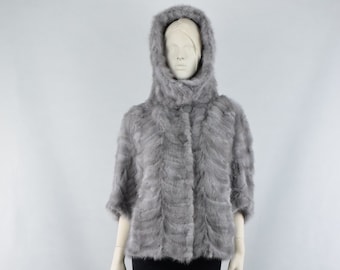 Fur Mink cape jacket hooded sapphire gray color short sleeves one size garment, Women&#39;s fur gift