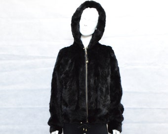 Schwarze Nerz Bomberjacke mit Kapuze - Handmade