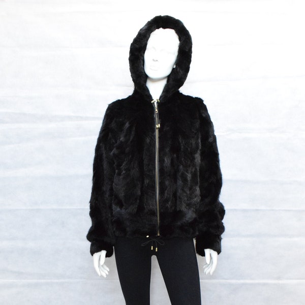 Mink Fur bomber jacket with hood, , black color, high quality Mink fur, closure with zip, all sizes
