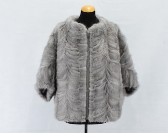 Mink fur cape sapphire gray color, one size jacket, zip closure, warm fur coat. woman gift.