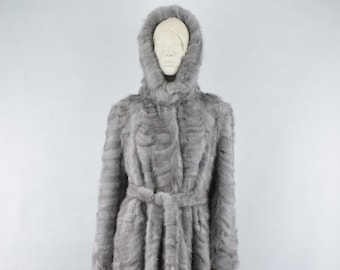 Handmade Saphire Mink Fur Coat: Hooded Belted Knee Length