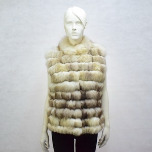 Handmade Real Fox Fur Vest: Gray Brown Leather Stripe Jacket