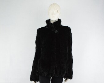 Luxury Mink fur Bomber jacket with classic collar total black color/ Woman Warm garment