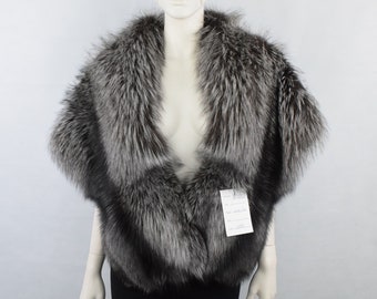 Fourrure Femme Fox wrap châle Argent noir couleur chaude veste de soirée peau complète peau couleur naturelle, Châle en fourrure