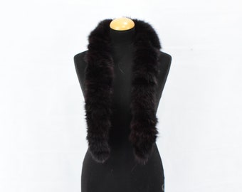 Fox fur scarf collar, warm fluffy soft fur, black dark brown colour, neck warmer.